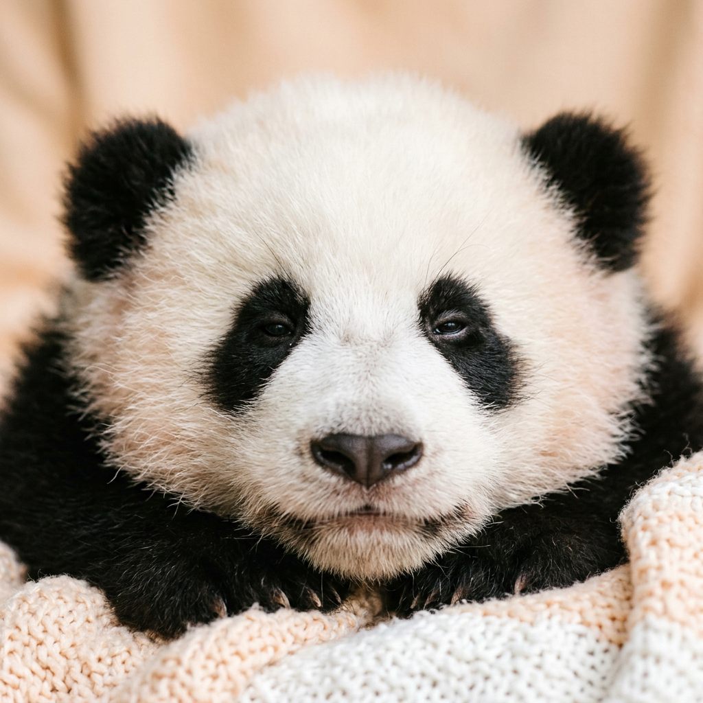 Sample log: panda lying on a blanket with heavy, sleepy eyes