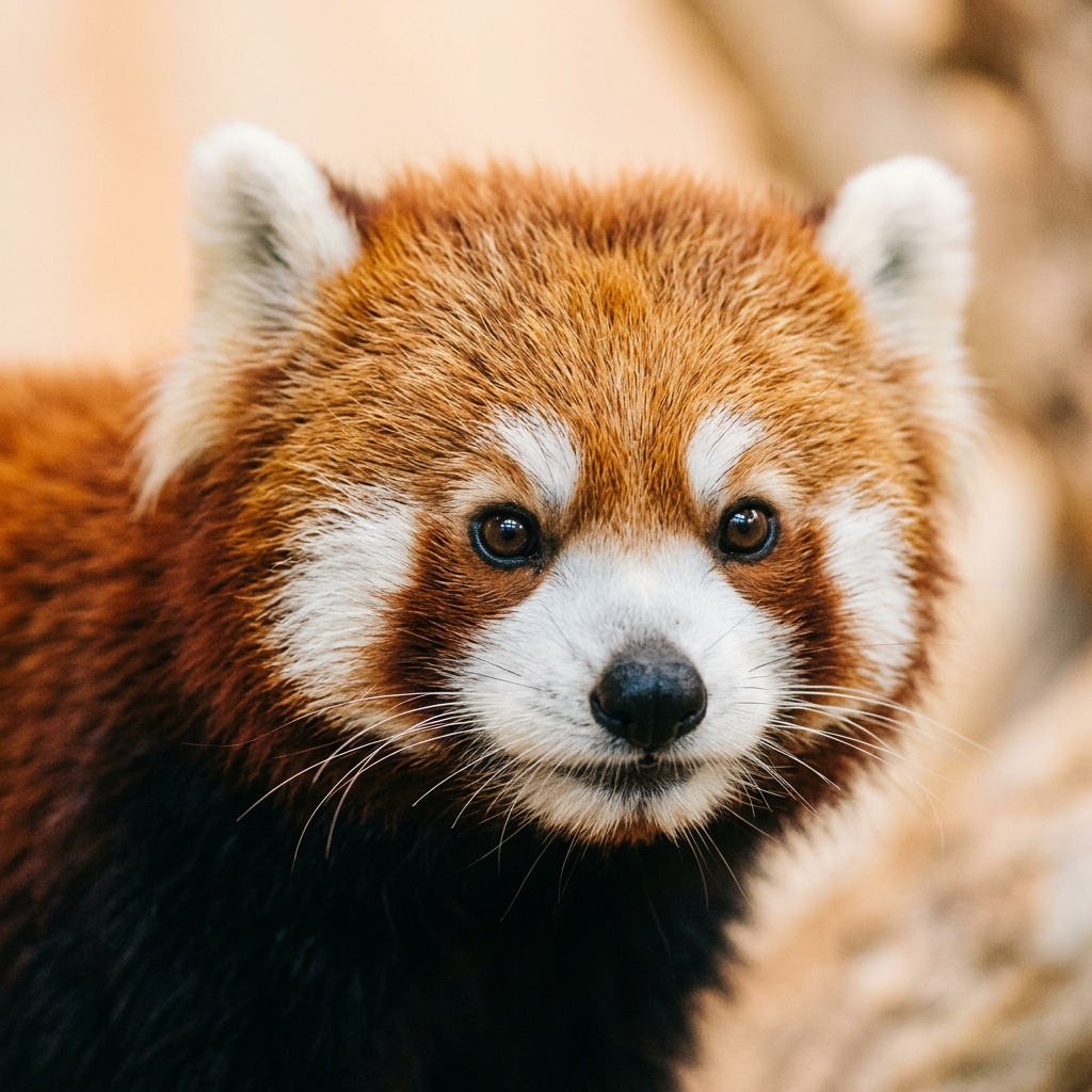 Red panda looking straight at the camera with wide, alert eyes